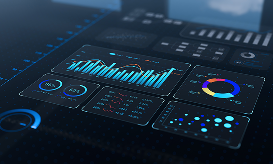 Digital dashboard displaying data analytics, charts, and real-time performance metrics.
