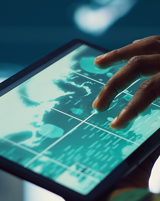 User interacting with touchscreen displaying geospatial data and analytics interface.