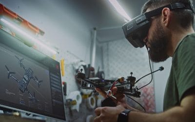 Engineer using virtual reality headset to test and configure drone system in lab.