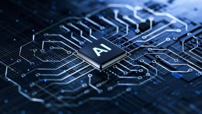 Artificial intelligence chip on circuit board with interconnected data pathways.